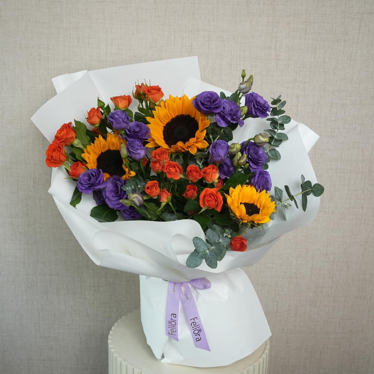 Sunflowers Orange Spray Roses And Purple Lisianthus Bouquet-A1382 - Image 4