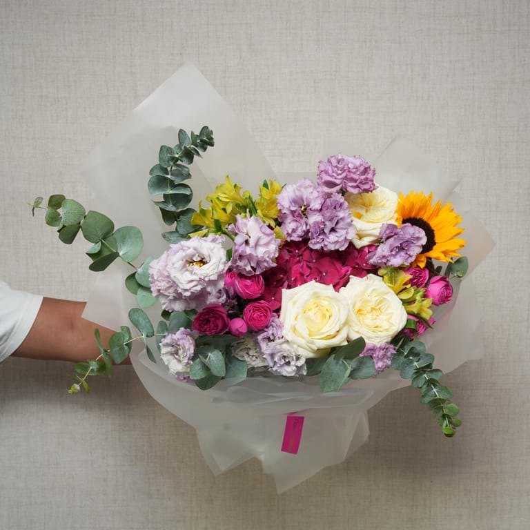White Roses And Purple Lisianthus Mixed Flowers Bouquet-A1383 - Image 1