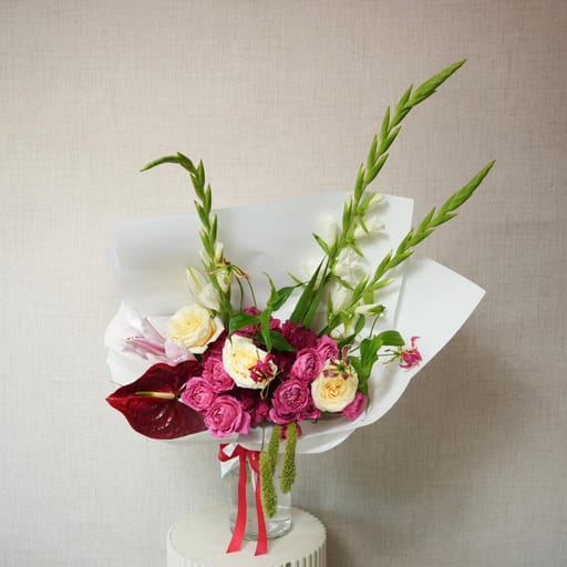 White Gladiolus Pink Roses And Red Anthurium Bouquet-A1391