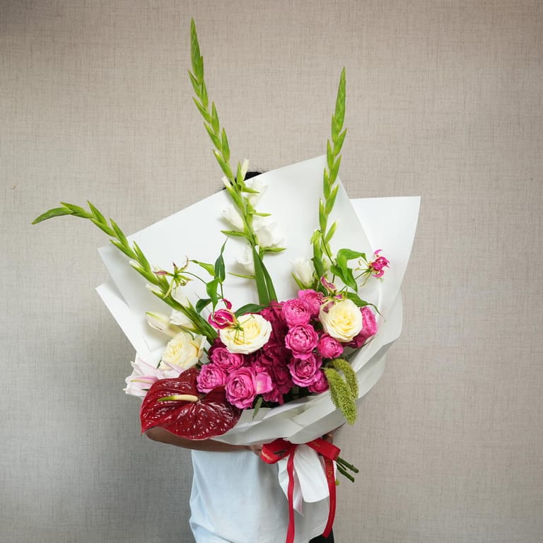 White Gladiolus Pink Roses And Red Anthurium Bouquet-A1391 - Image 2