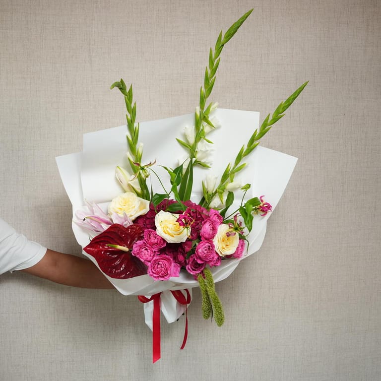 White Gladiolus Pink Roses And Red Anthurium Bouquet-A1391 - Image 4