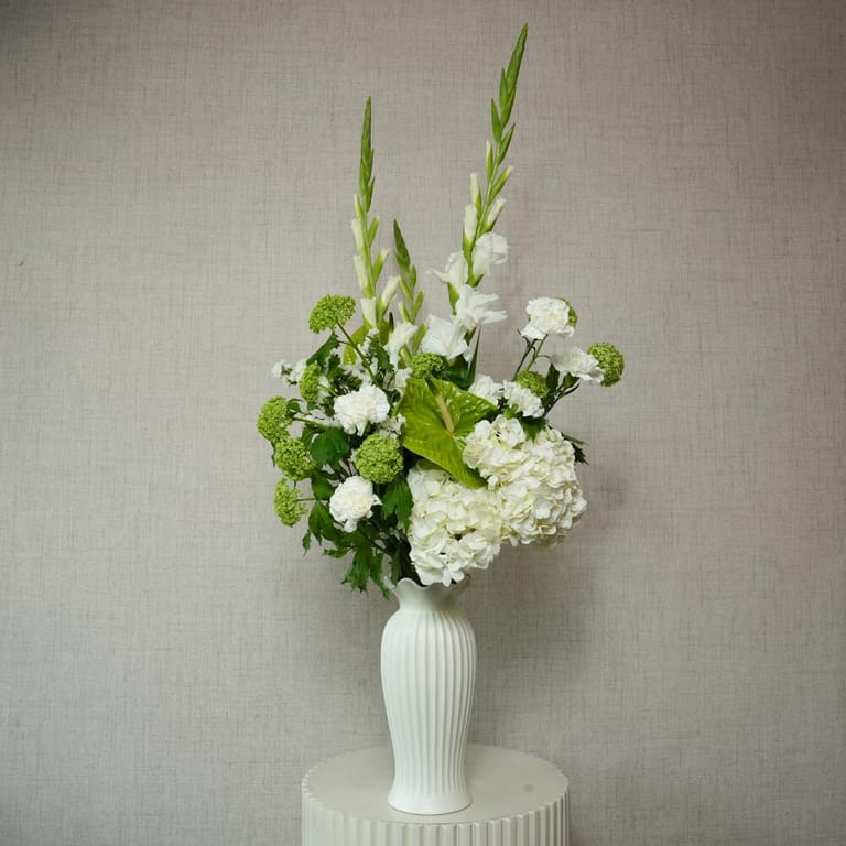 White Gladiolus Hydrangea And Green Anthurium In White Vase-A1393 - Image 1