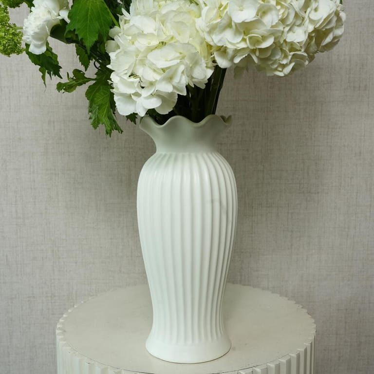 White Gladiolus Hydrangea And Green Anthurium In White Vase-A1393 - Image 2