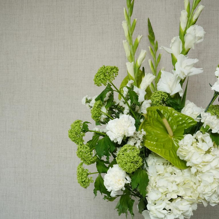 White Gladiolus Hydrangea And Green Anthurium In White Vase-A1393 - Image 3
