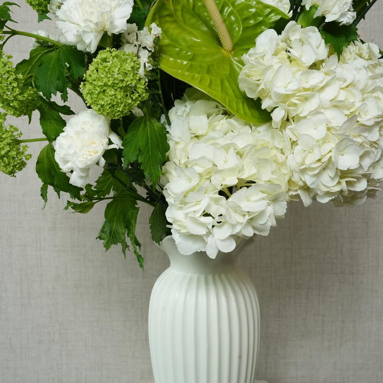 White Gladiolus Hydrangea And Green Anthurium In White Vase-A1393 - Image 5