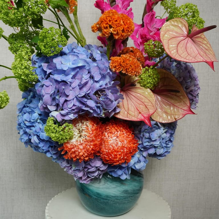 Pink Gladiolus Purple Hydrangea And Anthurium In Vase-A1394 - Image 2