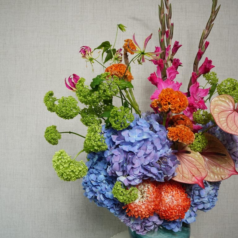 Pink Gladiolus Purple Hydrangea And Anthurium In Vase-A1394 - Image 3
