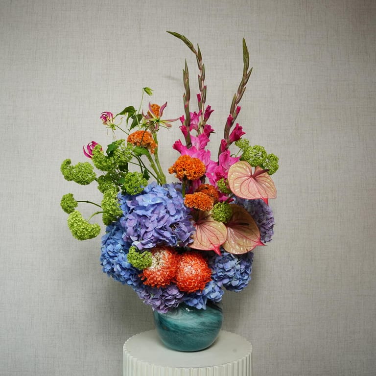 Pink Gladiolus Purple Hydrangea And Anthurium In Vase-A1394 - Image 5