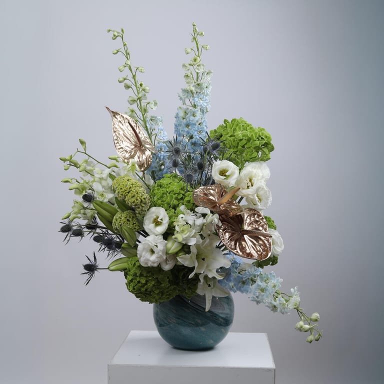Hydrangea Anthurium And Delphinium Luxury Vase Arrangement-A1412 - Image 1