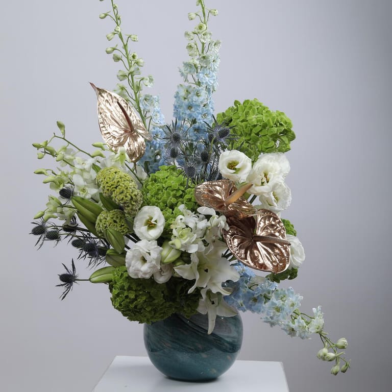 Hydrangea Anthurium And Delphinium Luxury Vase Arrangement-A1412 - Image 3