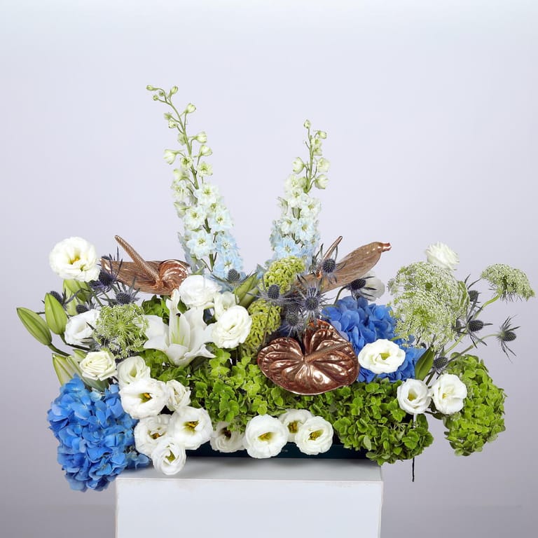 Hydrangea Anthurium And Delphinium Floral Centerpiece-A1413 - Image 1