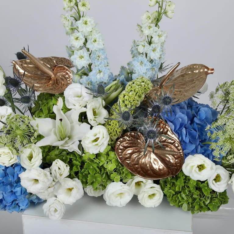 Hydrangea Anthurium And Delphinium Floral Centerpiece-A1413 - Image 2