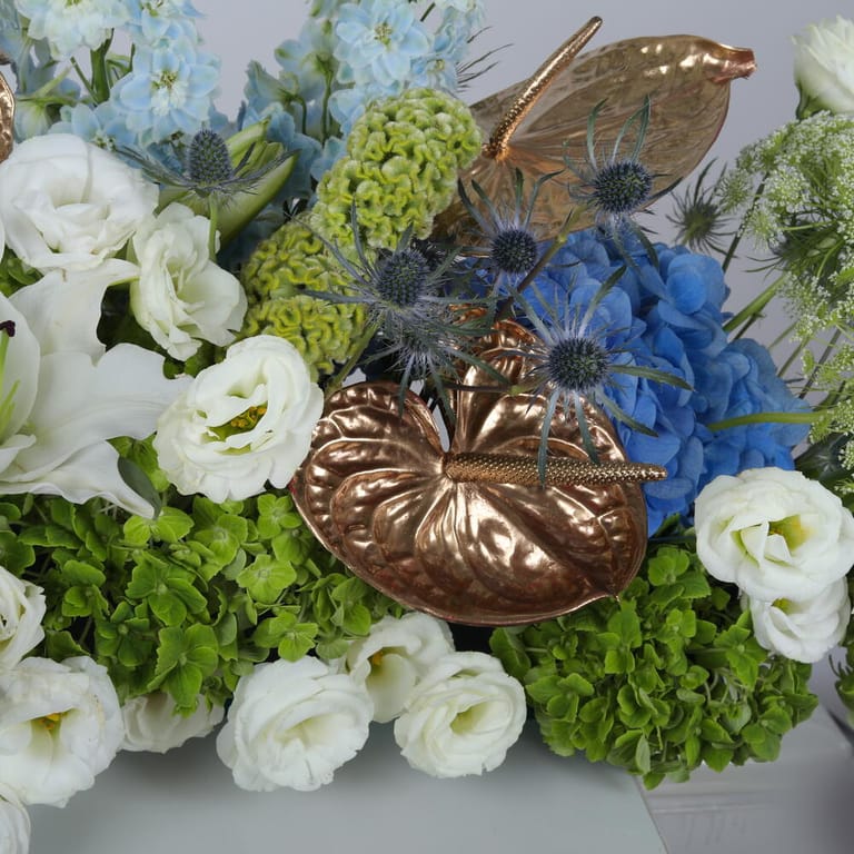 Hydrangea Anthurium And Delphinium Floral Centerpiece-A1413 - Image 3