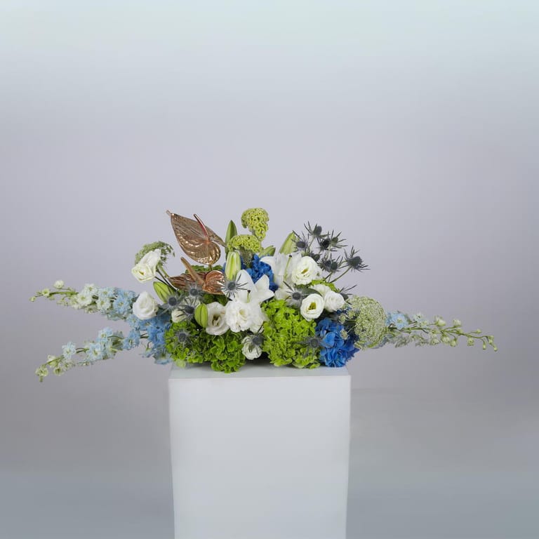 Hydrangea Lisianthus And Delphinium Table Centerpiece-A1415 - Image 1