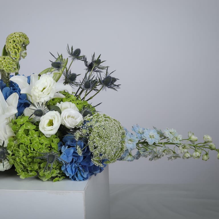 Hydrangea Lisianthus And Delphinium Table Centerpiece-A1415 - Image 3