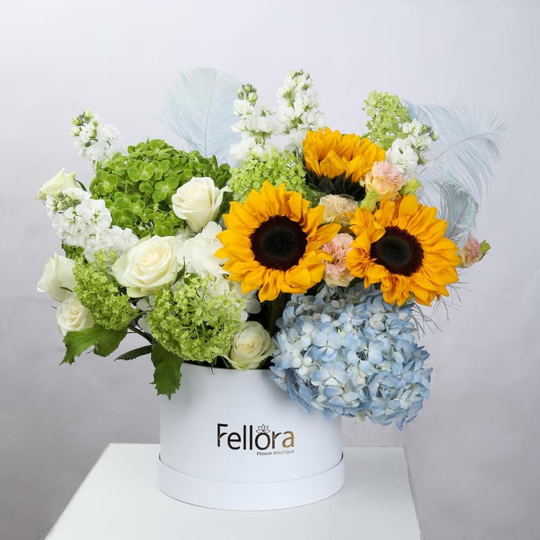 Sunflowers Hydrangea And White Roses Luxury Flower Box-A1581 - Image 1