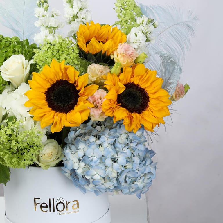 Sunflowers Hydrangea And White Roses Luxury Flower Box-A1581 - Image 2