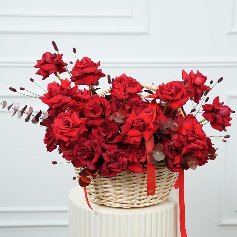 Red Roses And Eucalyptus Luxury Basket Arrangement-A1583 - Image 1