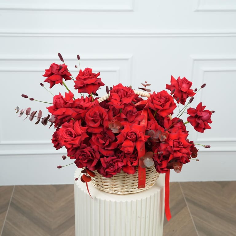Red Roses And Eucalyptus Luxury Basket Arrangement-A1583 - Image 2