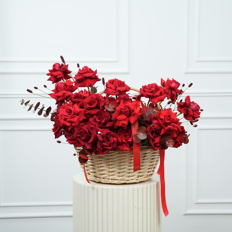 Red Roses And Eucalyptus Luxury Basket Arrangement-A1583 - Image 5