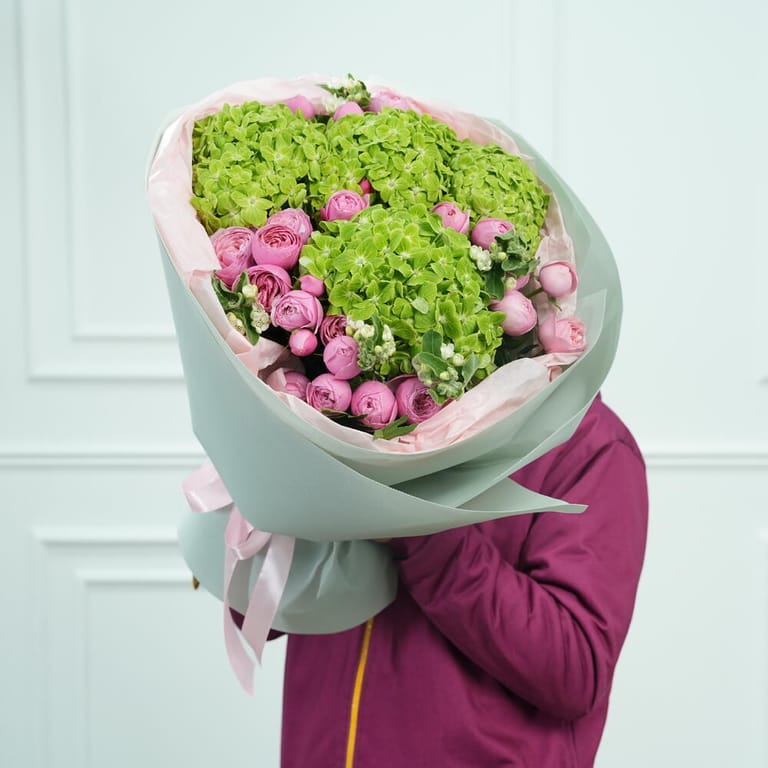 Pink Peony Roses And Green Hydrangea Luxury Bouquet-A1590 - Image 2