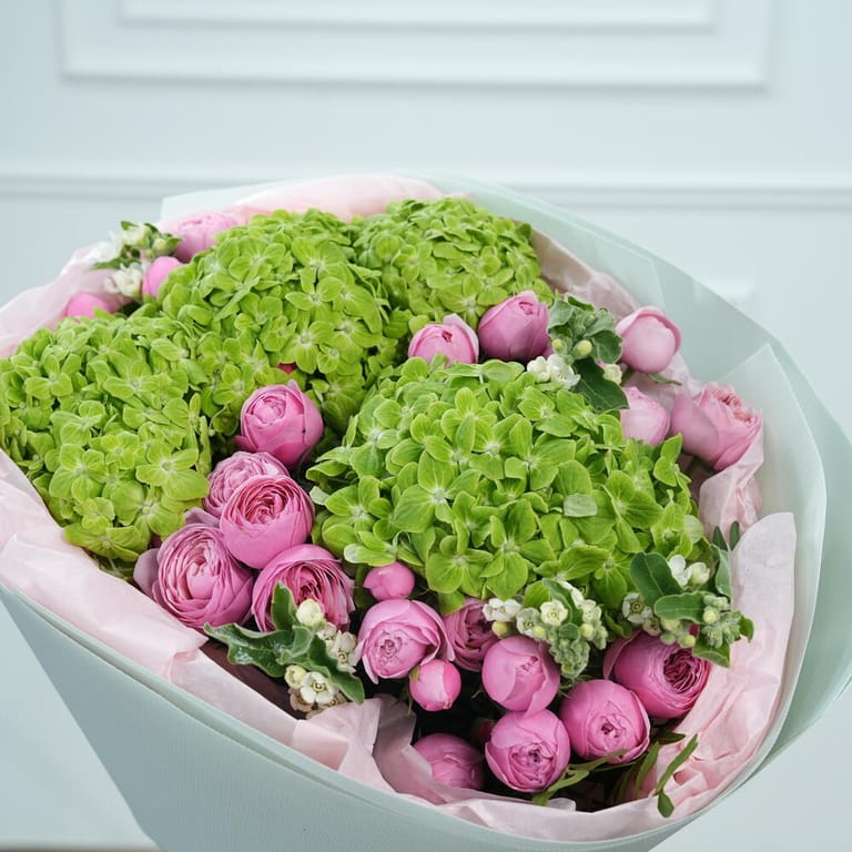 Pink Peony Roses And Green Hydrangea Luxury Bouquet-A1590 - Image 4