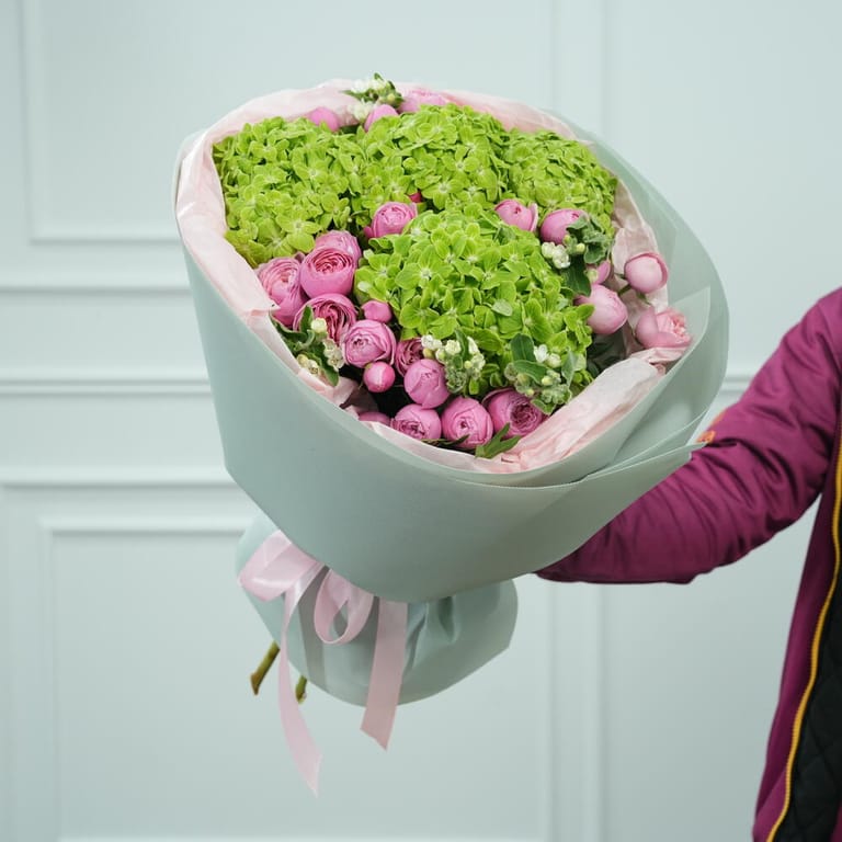 Pink Peony Roses And Green Hydrangea Luxury Bouquet-A1590 - Image 5