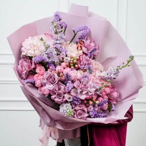 Pink Roses Hydrangea And Purple Matthiola Bouquet-A1632