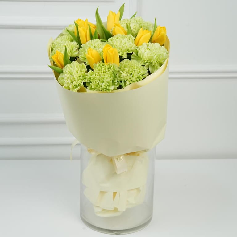 Yellow Tulips And Green Carnations Bouquet-A1634 - Image 1
