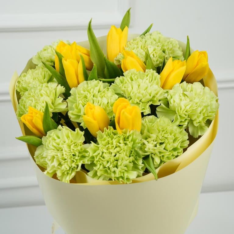 Yellow Tulips And Green Carnations Bouquet-A1634 - Image 2