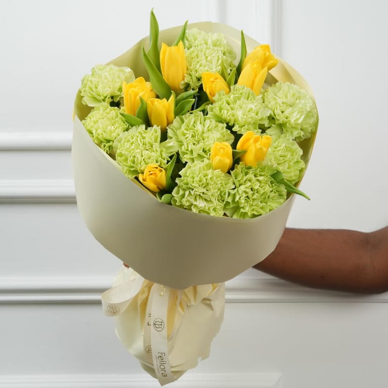 Yellow Tulips And Green Carnations Bouquet-A1634 - Image 3