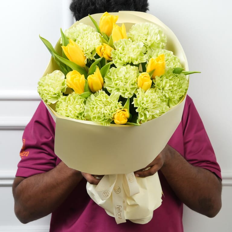 Yellow Tulips And Green Carnations Bouquet-A1634 - Image 4