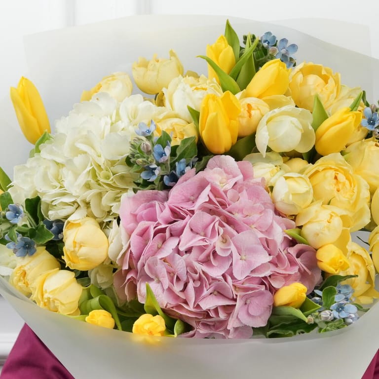 Yellow Peony Roses Tulips And Hydrangea Flower Bouquet-A1653 - Image 2