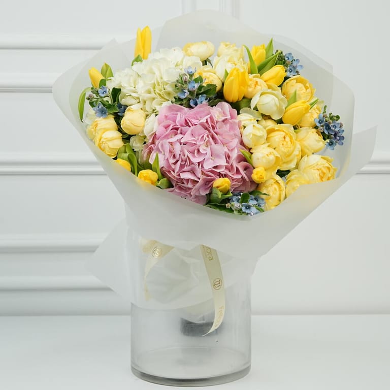 Yellow Peony Roses Tulips And Hydrangea Flower Bouquet-A1653 - Image 3