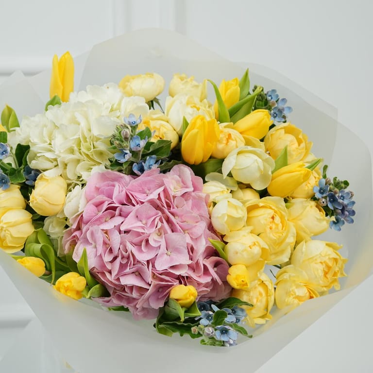 Yellow Peony Roses Tulips And Hydrangea Flower Bouquet-A1653 - Image 4