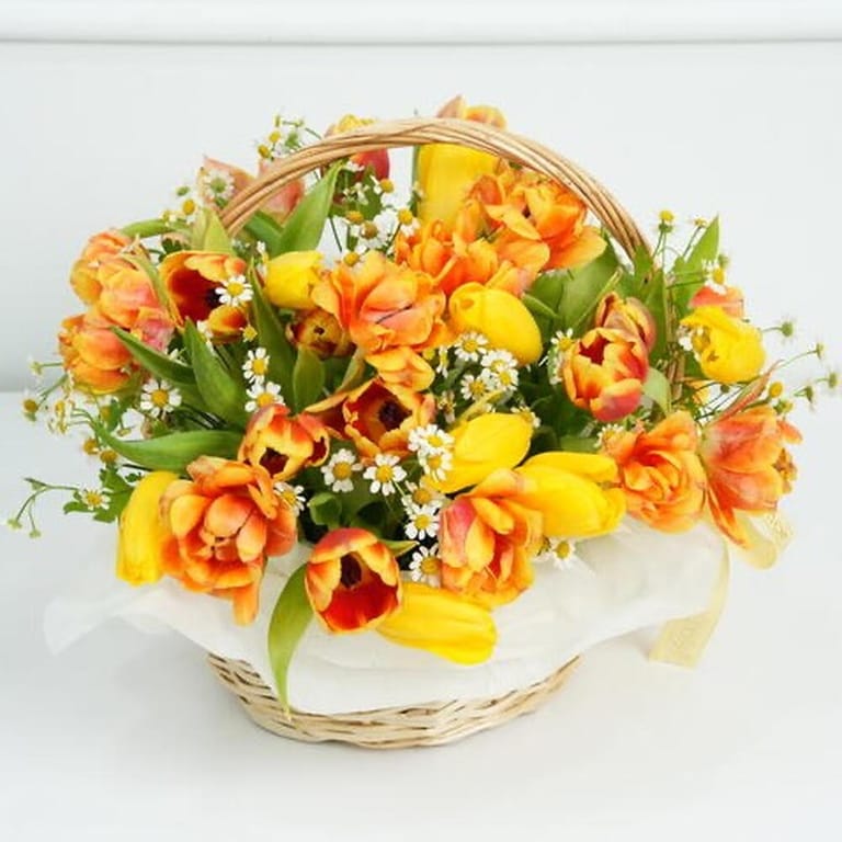 Orange And Yellow Tulip Flower Basket-A1669 - Image 1