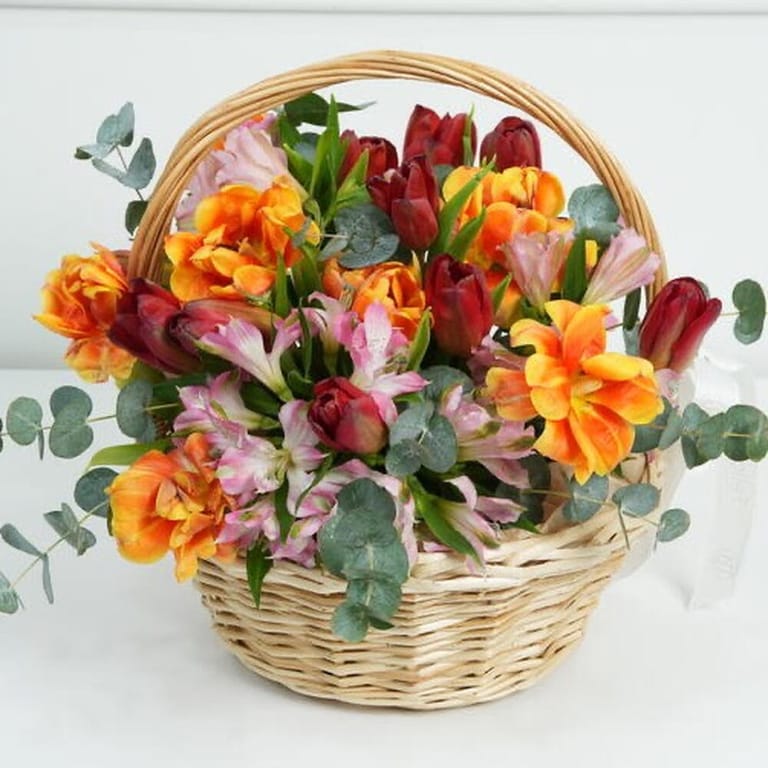 Orange Tulips And Alstroemeria Flower Basket-A1671 - Image 1