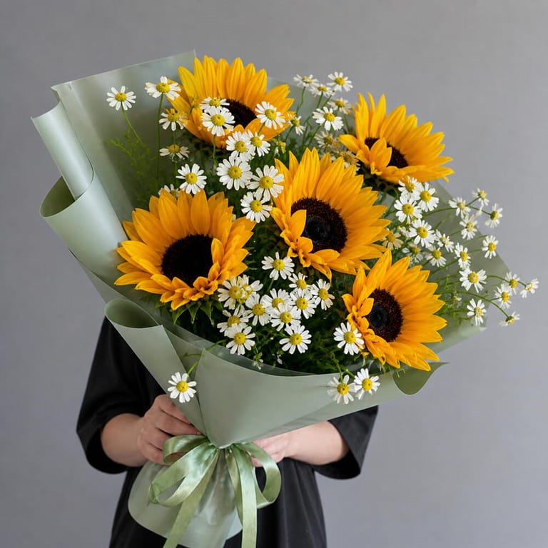 Sunflower And Chamomile Flower Bouquet-A1685 - Image 1