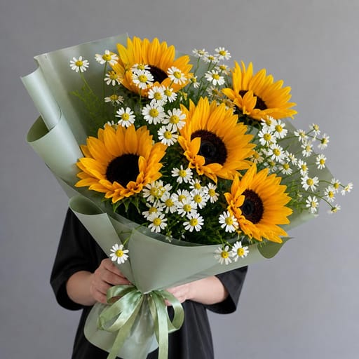 Sunflower And Chamomile Flower Bouquet-A1685