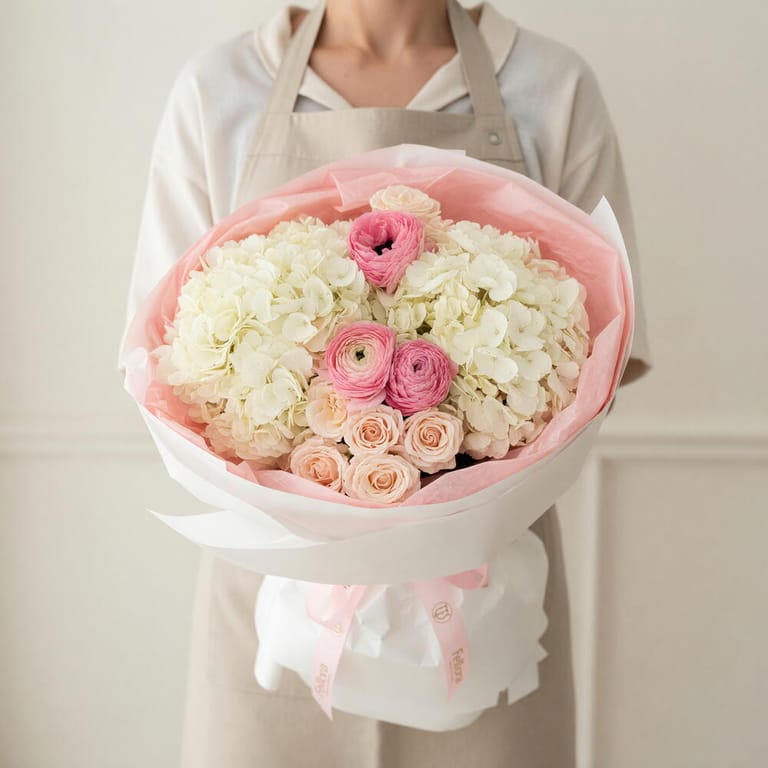 White Hydrangea And Pink Ranunculus Flower Bouquet-A1696 - Image 1