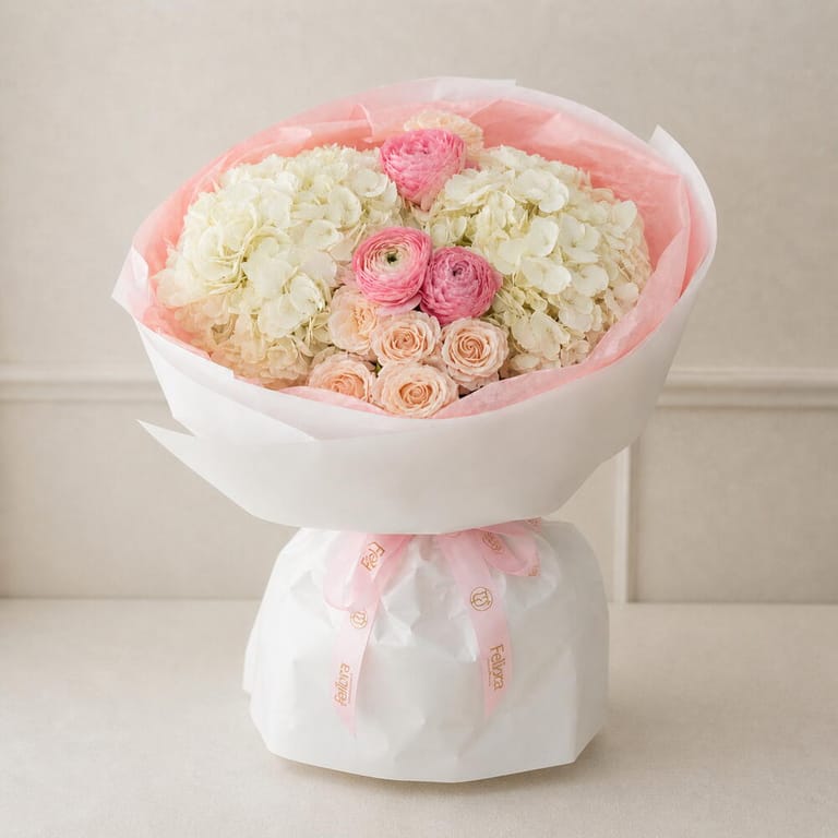 White Hydrangea And Pink Ranunculus Flower Bouquet-A1696 - Image 2