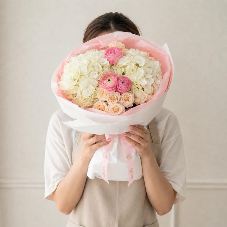 White Hydrangea And Pink Ranunculus Flower Bouquet-A1696 - Image 3