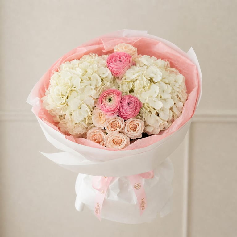 White Hydrangea And Pink Ranunculus Flower Bouquet-A1696 - Image 4