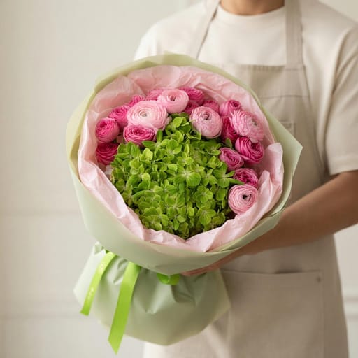 Pink Ranunculus And Green Hydrangea Flower Bouquet-A1697