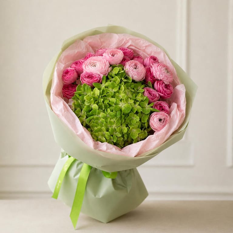 Pink Ranunculus And Green Hydrangea Flower Bouquet-A1697 - Image 4