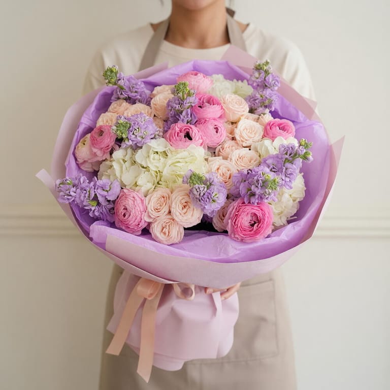 Pink Ranunculus Hydrangea And Matthiola Flower Bouquet-A1699 - Image 1