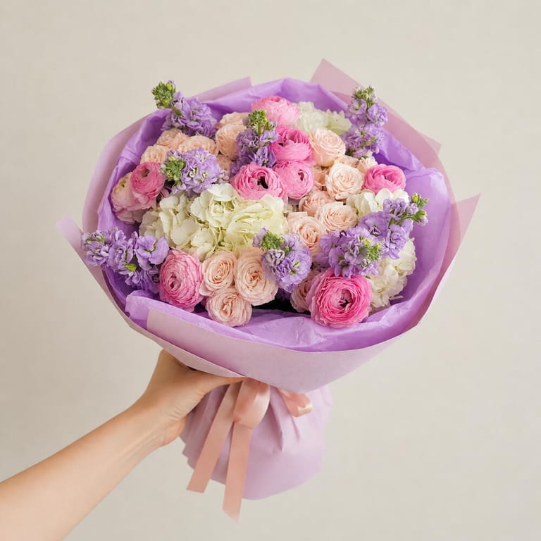 Pink Ranunculus Hydrangea And Matthiola Flower Bouquet-A1699 - Image 2
