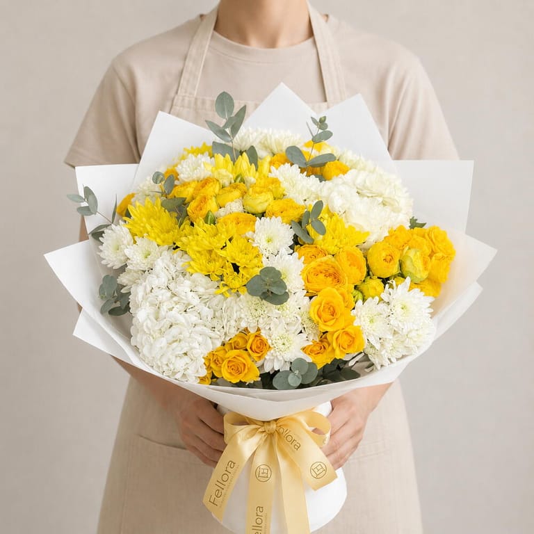 Yellow Roses And White Chrysanthemum Flower Bouquet-A1702 - Image 1