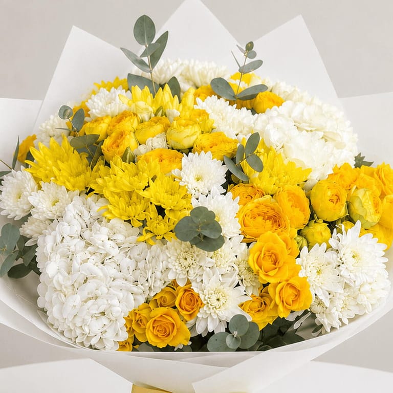Yellow Roses And White Chrysanthemum Flower Bouquet-A1702 - Image 2