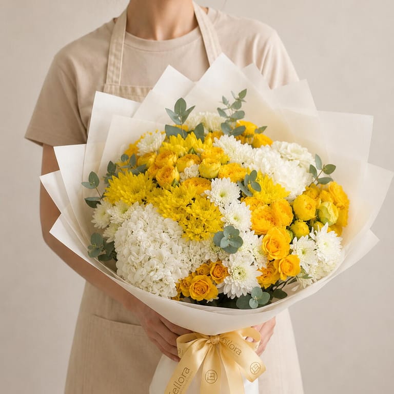Yellow Roses And White Chrysanthemum Flower Bouquet-A1702 - Image 4